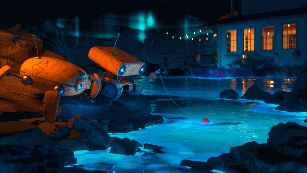 RYAN TALBOT digital art NFT of two small robots fishing in a glowing blue pond