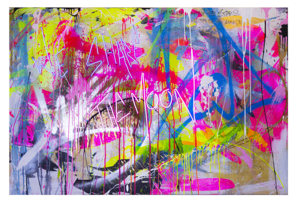 PunkMeTender artwork of an assortment of colorful acrylic paint splattered on a wooden pane with LED neon lights writing "WE SHARE THE MOON"