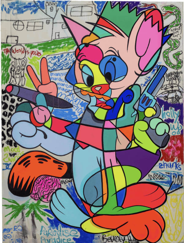 Timmy Sneaks pop art painting of overlapping iconic images.