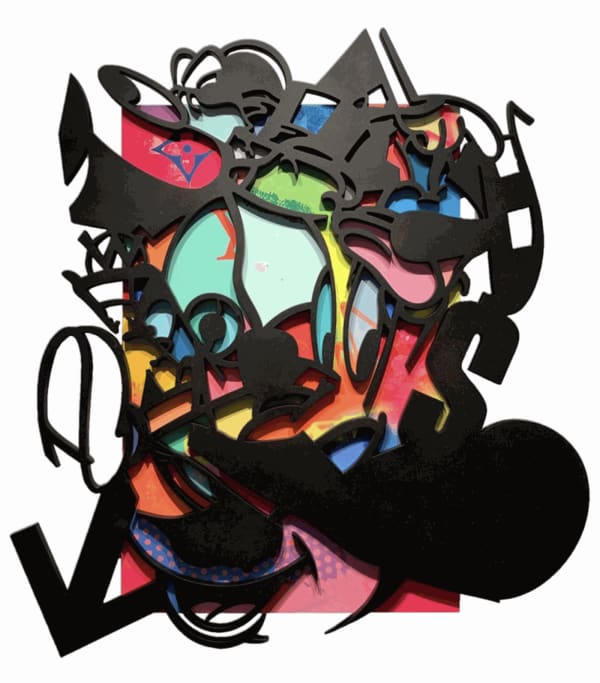 Timmy Sneaks pop art black wood cutout on top of vibrantly painted wooden board.