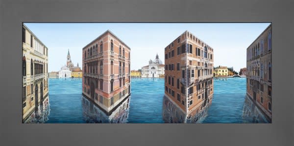 Patrick Hughes reverspective of buildings in the water.