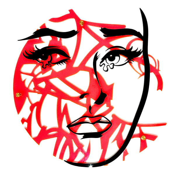 Timmy Sneaks pop art of pink line work underneath an woman's face.