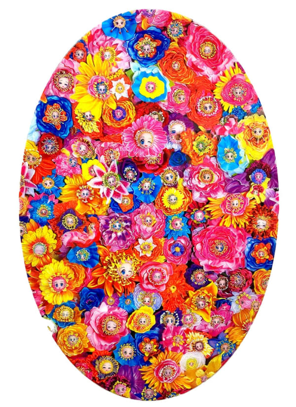 Tetsutaro Kamatani oval artwork of colorful flowers with doll/ anime heads in the center of them.