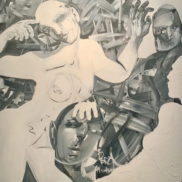 Percy Fortini-Wright and Masha Keryan collaboration artwork of figures intertwined with streaks of paint.