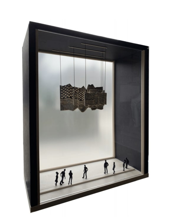 David Ellis artwork of eight figures standing below distorted flags.