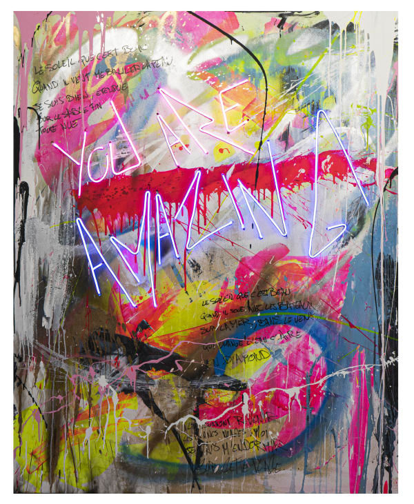 PunkMeTender artwork of an assortment of colorful acrylic paint splattered on a wooden pane with LED neon lights writing "YOU ARE AMAZING"