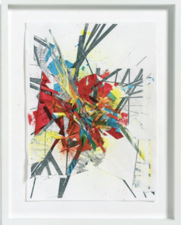 Boris Tellegen geometric and structural abstract work using the the colors yellow, red, blue, black and white.