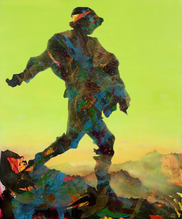 Milo Milowsky artwork of a silhouette of a man in baggy cloths and bucket hat walking.