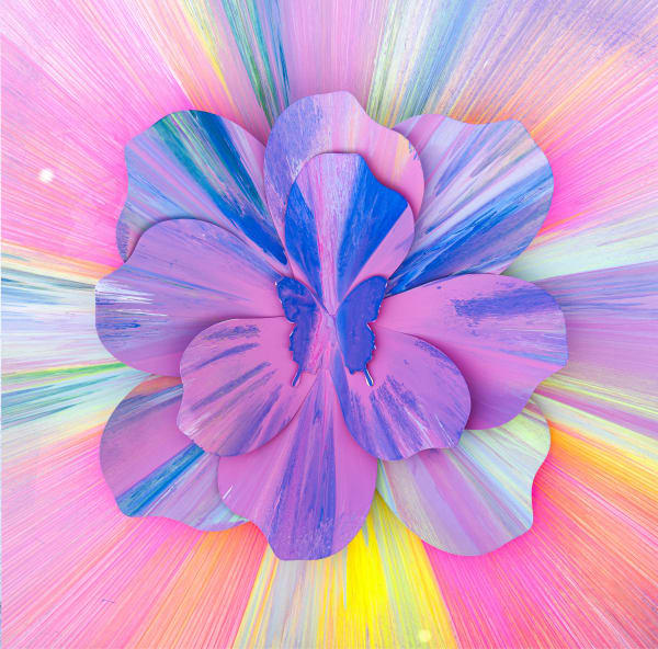 PunkMeTender artwork of aluminum flower with a little aluminum butterfly in the center on a stretched canvas covered in a wide arrange of bright colors with pink being the most prominent 36''x36''