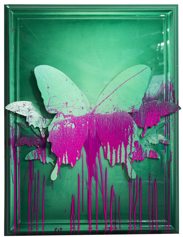 Punkmetender artwork of green 3D butterflies coming out of a green frame with pink splatter, using acrylic on wood frame, aluminum butterflies, resin, and diamond dust.