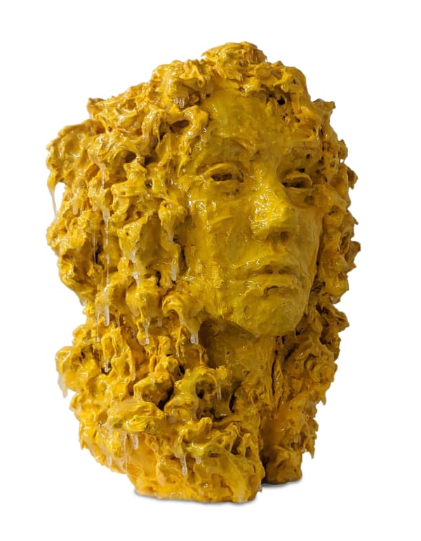 Eleanor Arbor yellow sculpture of a woman using resin and paint on plaster.