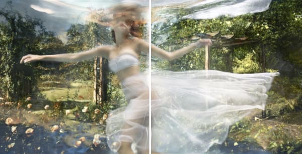 Barbara Cole surreal artwork of underwater woman running in a garden.