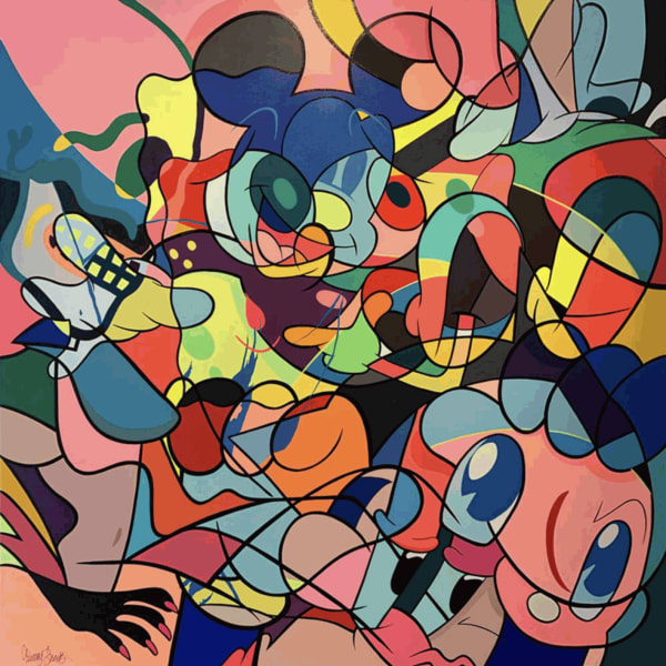 Timmy Sneaks pop art painting of overlapping iconic images.