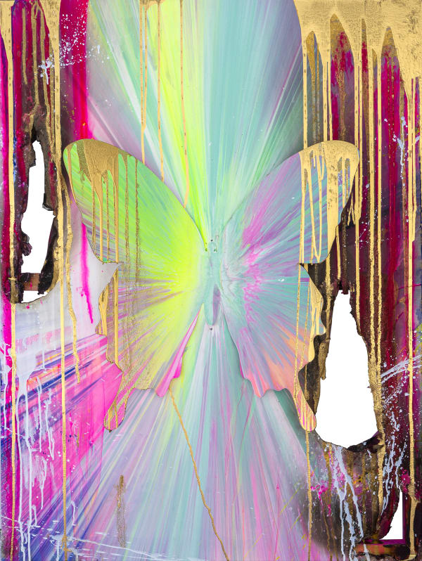 PunkMeTender artwork of an aluminum butterfly on a burned stretched canvas that is splattered with acrylic and oil paint 48''x38''