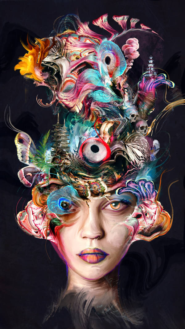 ARCHAN NAIR digital art NFT of a woman's head with an array of objects and abstract shapes coming out of the top