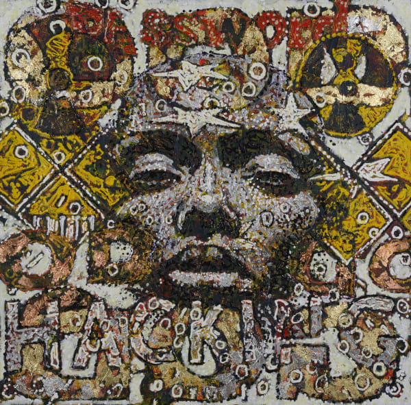 Giovanni Decunto painting of a face in the center with the works "hacking" under it.