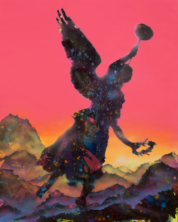 Milo Milowsky artwork of a silhouette of an angle blowing its trumpet above the clouds.