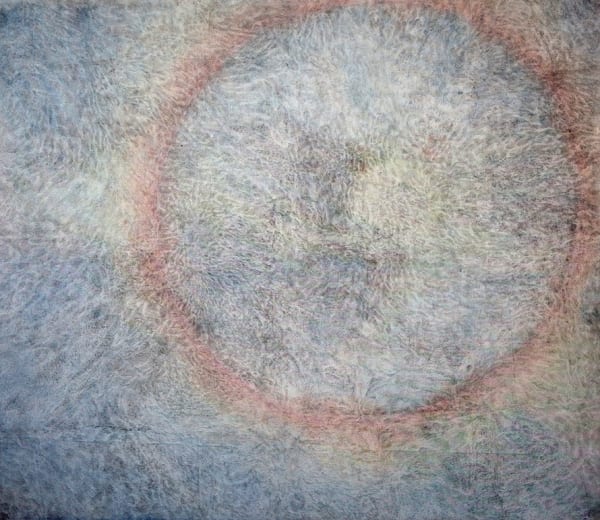 Xiaowei Chen intricate abstract fine line ink and color pencil on canvas that has a glowing halo.