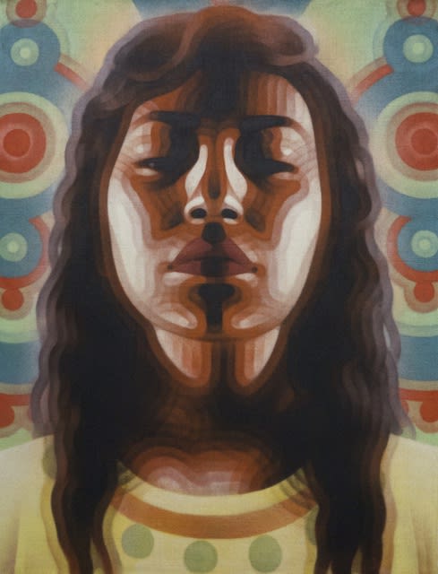 El Mac artwork of a woman's face with her eyes closed using spray paint on burlap.