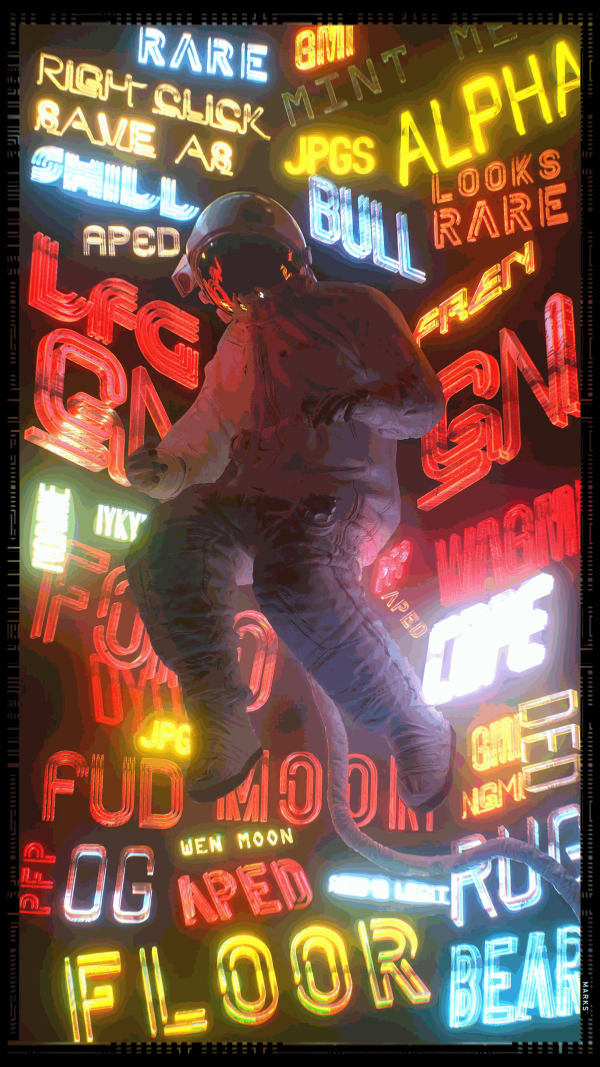 RAOUL MARKS digital artwork NFT of an astronaut floating around neon signs