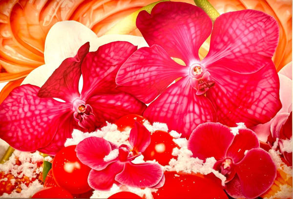 Marc Quinn painting of flowers and fruit.