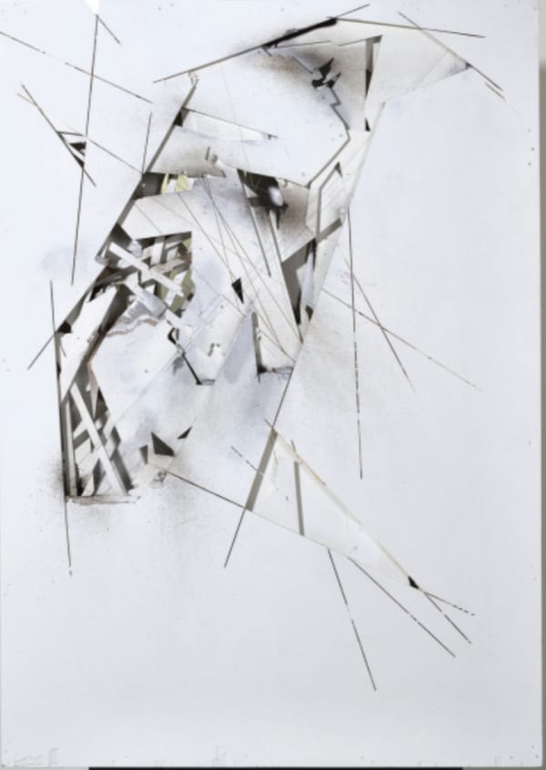 Boris Tellegen abstract sculptural work using Plywood, Enamel, Tar, and Threads.