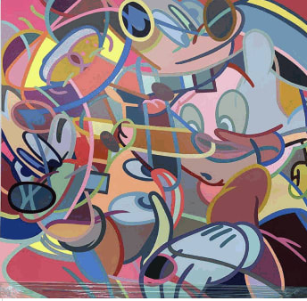 Timmy Sneaks pop art painting of overlapping iconic images.