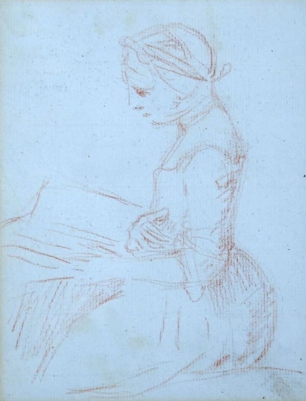 A study in red chalk of a girl sitting and reading a book by William Hoare of Bath