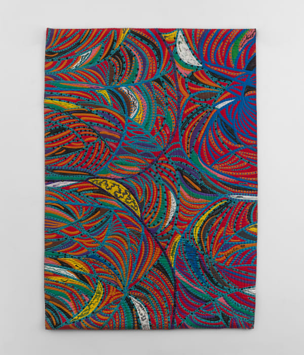 Pacita Abad (1946-2004) Yellow Spider (Flame), 1990 Acrylic, buttons, mirrors on silk screened, stitched and padded canvas 79 x 56 inches 200.7 x 142.2 cm