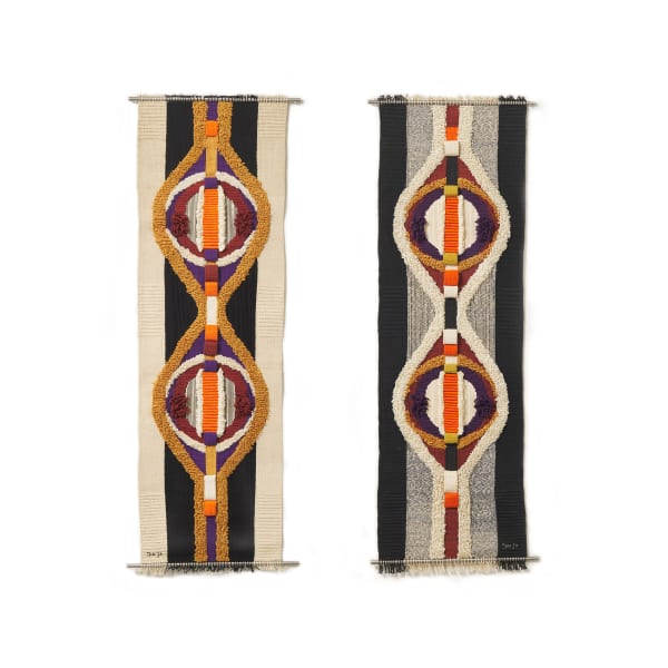 Lee ShinJa Conversation between Circles IV, 1973 Cotton, linen thread; tapestry Left panel: 68 1/2 x 21 in 175 x 55 cm Right panel: 70 x 22 1/2 in 177 x 57 cm