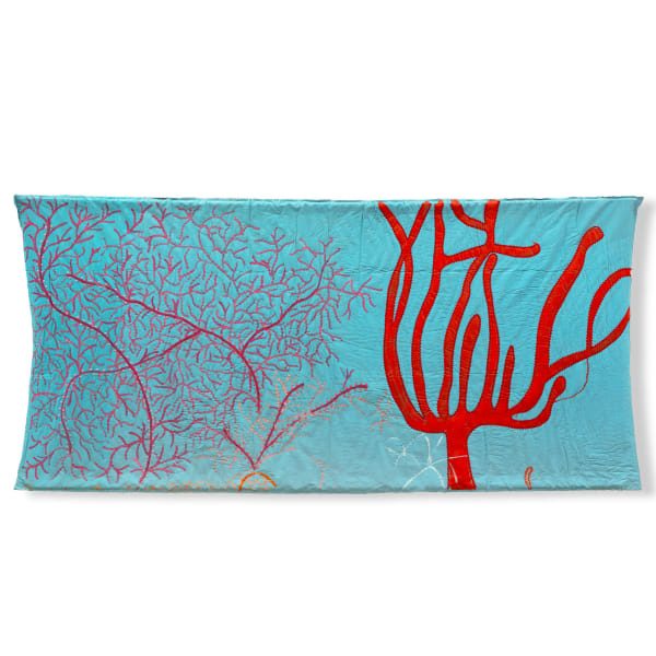 Pacita Abad Underwater, 1985 Oil, buttons, and ribbons on stitched and padded canvas 59 x 128 1/2 inches 149.9 x 326.4 cm