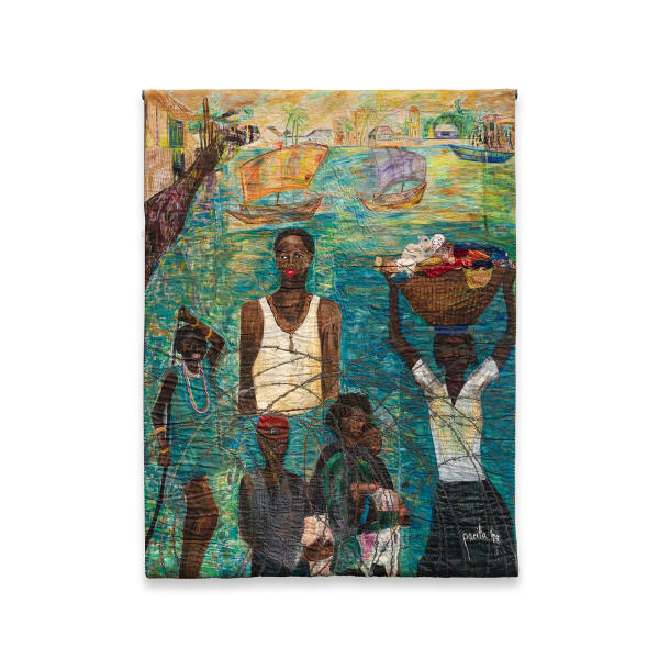 Pacita Abad Haitians Waiting at Guantanamo Bay, 1994 Oil, painted cloth, buttons and beads on stitched and padded canvas Dimensions: 94 x 69 inches 238.8 x 175.3 cm
