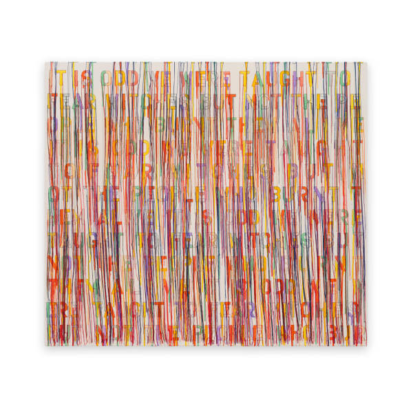 Ghada Amer THREAT, 2025 Acrylic embroidery and gel medium on canvas 37 x 42 in 94 x 106.7 cm