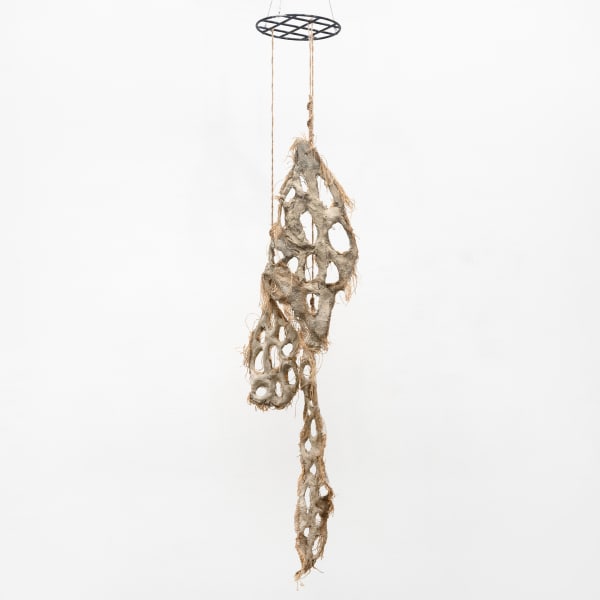 Mire Lee, Untitled (hanging burlap piece with many holes), 2022–2023