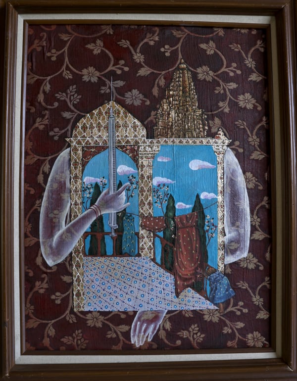 Abhijna Vemuru Kasa The Progesterone Shot Oil on pattu textile 30 x 26 inches 2025