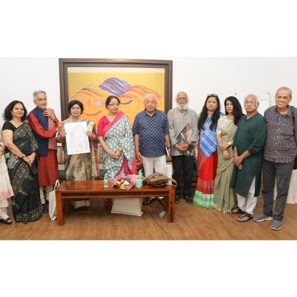 (L-R) Amrita Bera, Prayag Shukla, Uma Jain with Jatin Das's sketch of Swaminathan, Gagan Gill, Ashok Vajpeyi, Jatin Das, Joshna Banerjee, Poonam Arora, Vivek Tembe & Yusuf-Yusuf Bhopal.