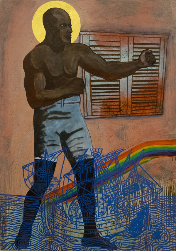 Godfried Donkor St Jack Johnson A Brunette In A Blond Town 2019 Oil Acrylic Ink And Gold Leaf On Linen Image Copyright The Artist And Courtesy Gallery 1957 1