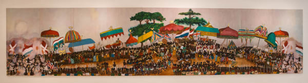Godfried Donkor, The First Day of the Yam Custom, 2017, Oil, acrylic, ink and gold leaf on wood panel, 10.9 x 2.43 m ( 9 panels 121 x 243 cm each)