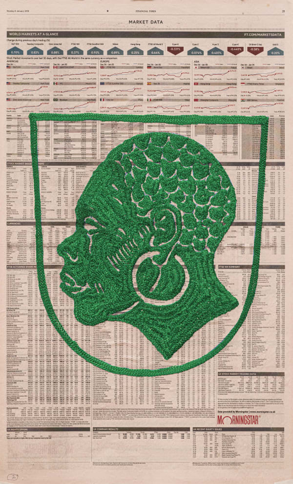 Godfried Donkor Financial Times dreams coat of arms II, 2015 mixed medium embroidery on paper Framed: 65 x 42 x 4 cms 25 5/8 x 16 1/2 x 1 5/8 inches