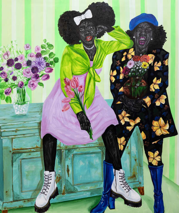 Lord Ohene We Love Bouquets & Vintages , 2021 Oil pastel & Acrylics on canvas 210 x 180 cms 82 5/8 x 70 7/8 inches