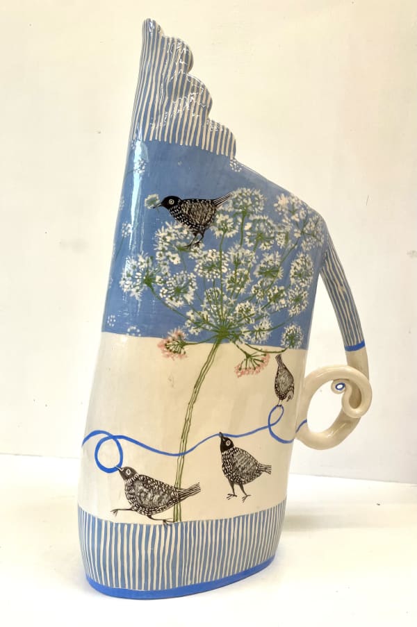 Large Blue Jug with Birds & Cowparsley, 2024 ceramic, 44 cms high © The Artist