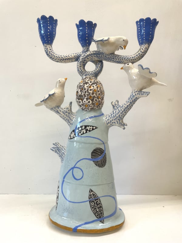 Three Cup Blue Candelabra with Doves, 2024 ceramic, 44 x 29 cms © The Artist