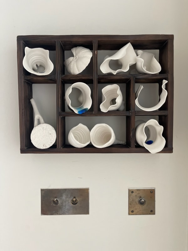 Elaine Jones Tideline I Porcelain on burnished wood & sea-glass 29 x 40 x 8cm