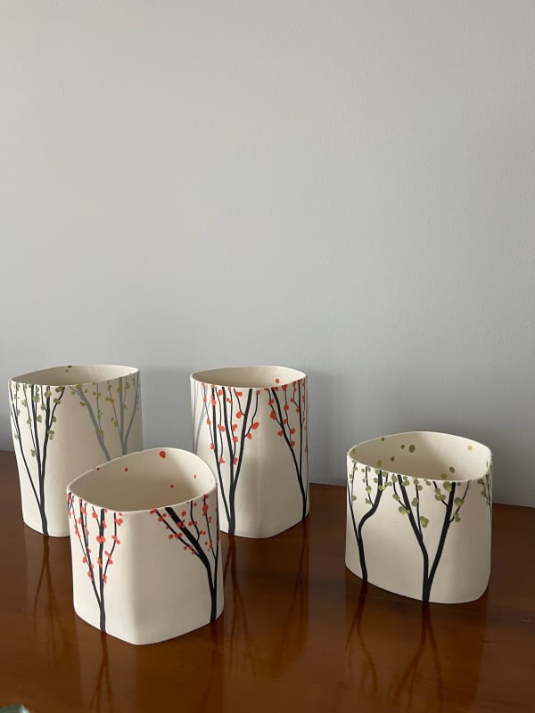 Carol Sinclair My Beloved Cherry Tree, Tall Vessel White porcelain decorated with inlaid coloured porcelain 18 x 15 x 14 cm