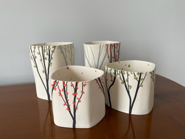 Carol Sinclair My Beloved Cherry Tree, Short Vessel White porcelain decorated with inlaid coloured porcelain 12 x 15 x 14 cm