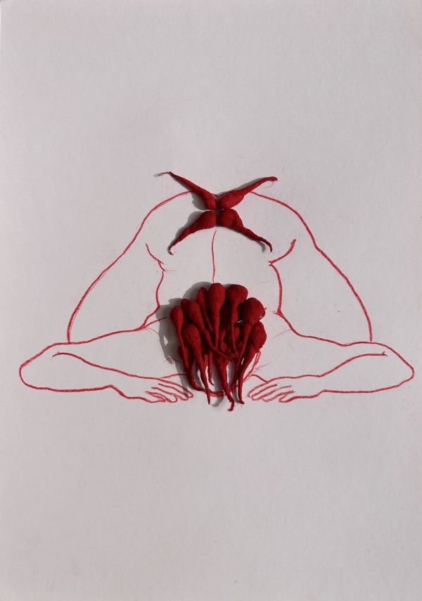 Megha Joshi Red Series XXVIII 8.3 x 11.7 Inches Watercolour pencil, cotton wicks, vermillion and acrylic on paper 2023