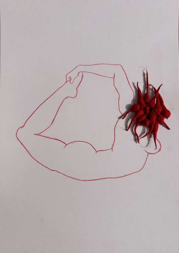 Megha Joshi Red Series XXII 8.3 x 11.7 Inches Watercolour pencil, cotton wicks, vermillion and acrylic on paper 2023