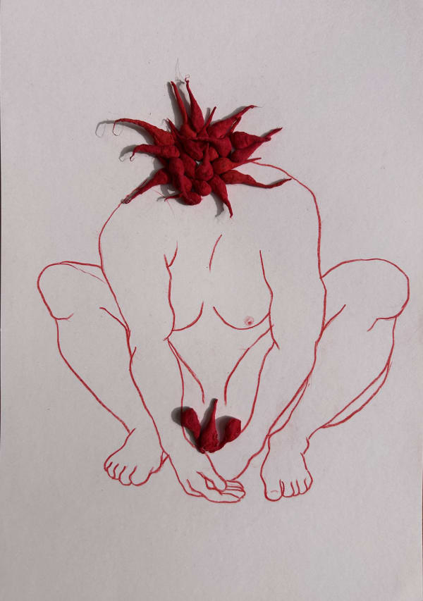 Megha Joshi Red Series XIV 8.3 x 11.7 Inches Watercolour pencil, cotton wicks, vermillion and acrylic on paper 2023