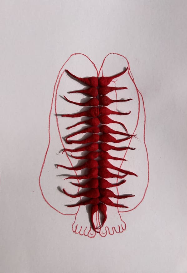 Megha joshi Red Series XXVI 8.3 x 11.7 Inches Watercolour pencil, cotton wicks, vermillion and acrylic on paper 2023