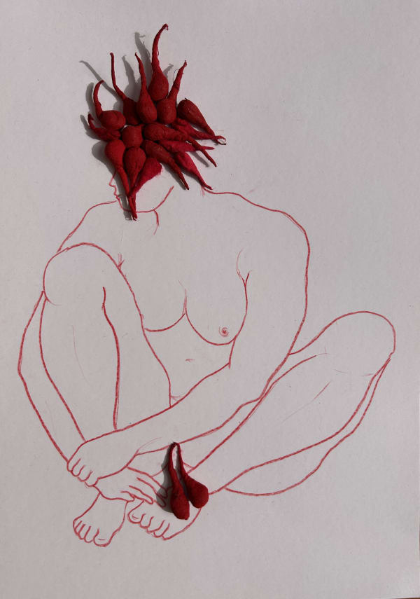 Megha Joshi Red Series XXVIII 8.3 x 11.7 Inches Watercolour pencil, cotton wicks, vermillion and acrylic on paper 2023